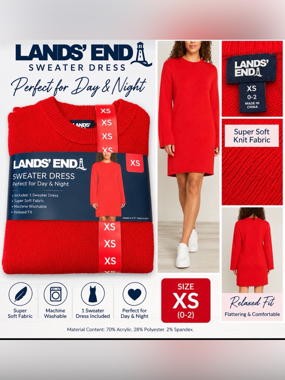Lands’ End Women’s Sweater Dress XS 0–2 Barbados Cherry Red NWT